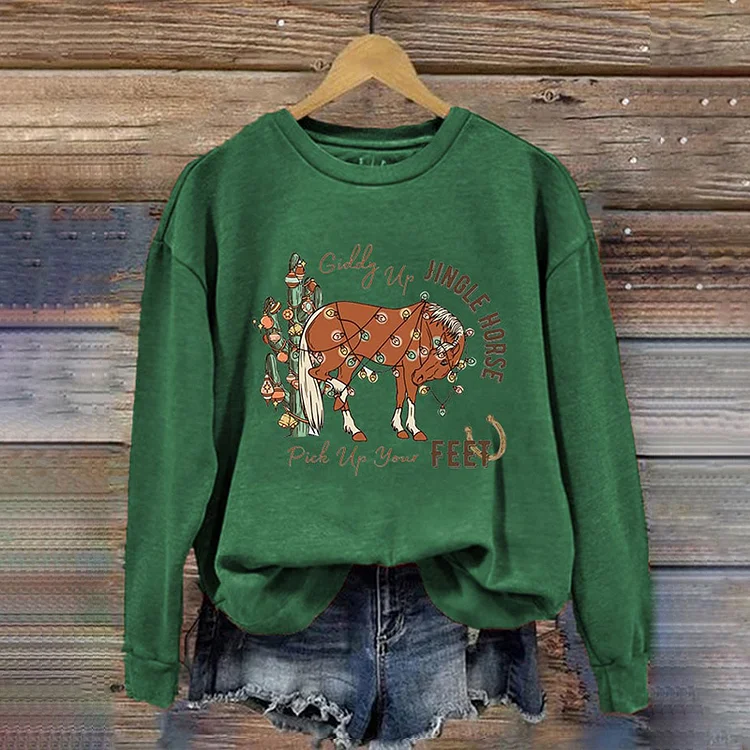 Comstylish Giddy Up Jingle Horse Pick Up Your Feet Printed Round Neck Pullover Sweater
