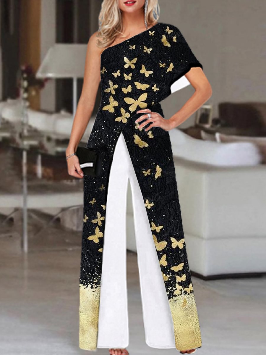 Fashion Butterfly Print One Shoulder Jumpsuit Women