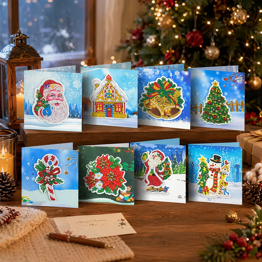 8PCS Winter Christmas DIY Diamond Painting Greeting Card Kits with Envelopes Diamond Art Greeting Cards Diamond Art Cards Kits for Adults DIY Crafts Family Friend Gifts