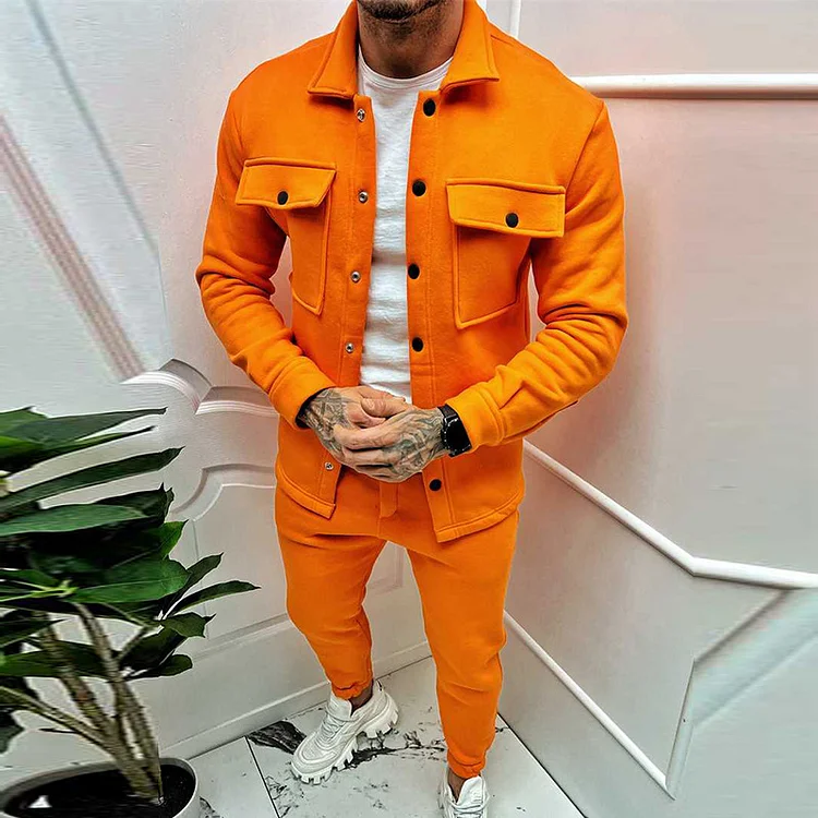 Utbros Men's Thickened High-Quality Suede Single-Breasted Long Sleeve Jacket And Pants Co-Ord