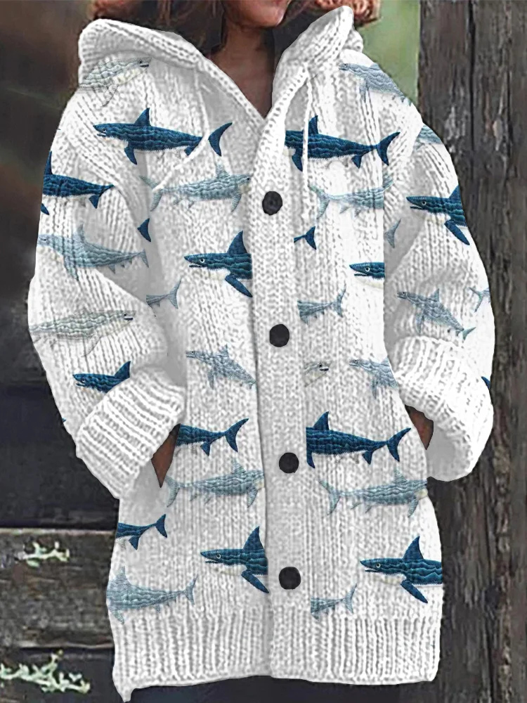 Shark Embroidery Pattern Cozy Knit Hooded Cardigan