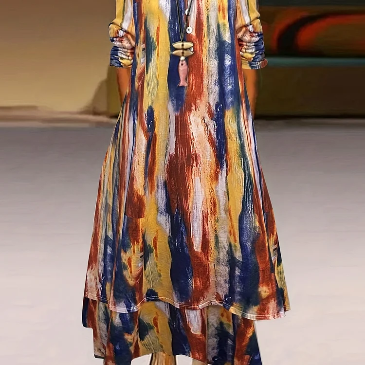 Plus Size Casual Dress, Women's Plus Tie Dye Long Sleeve Button Decor V Neck Layered Maxi Dress With Pockets