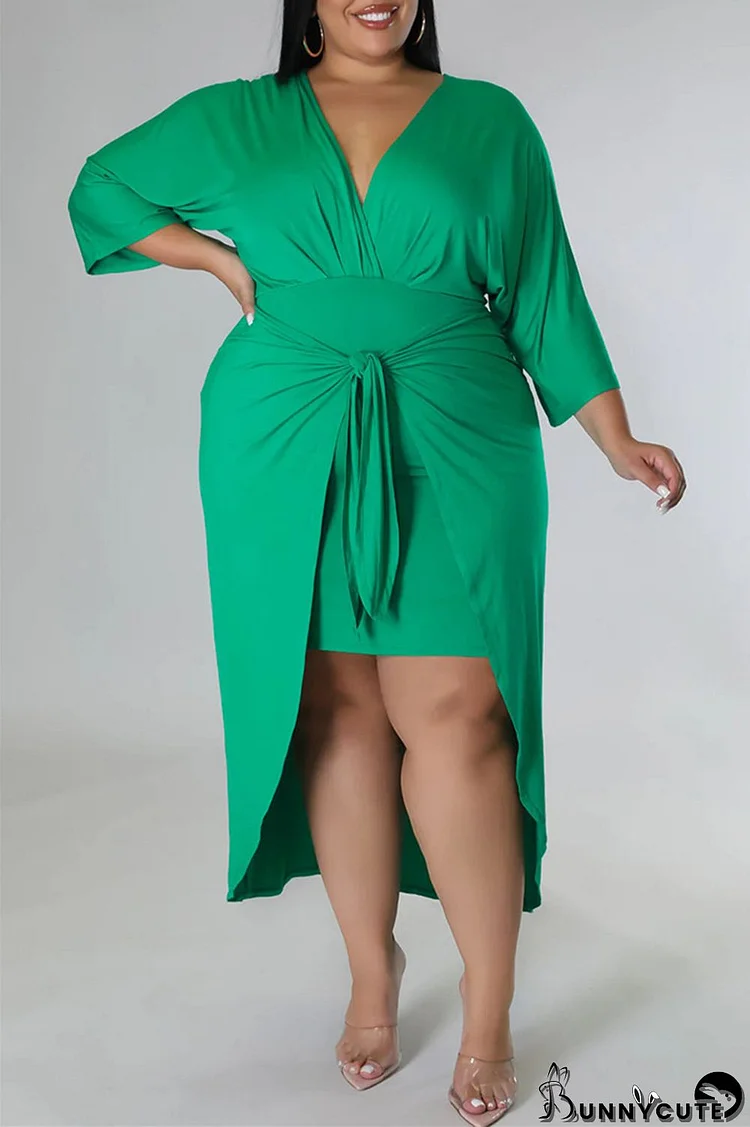 Green Fashion Casual Solid Patchwork V Neck Long Sleeve Plus Size Dresses