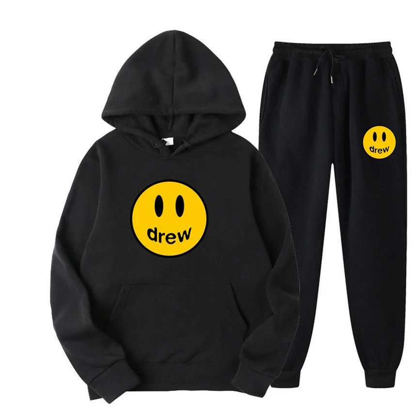 Drew Smiley Face Sweatsuit Plush Thickened Sportswear Hoodie Set Solid