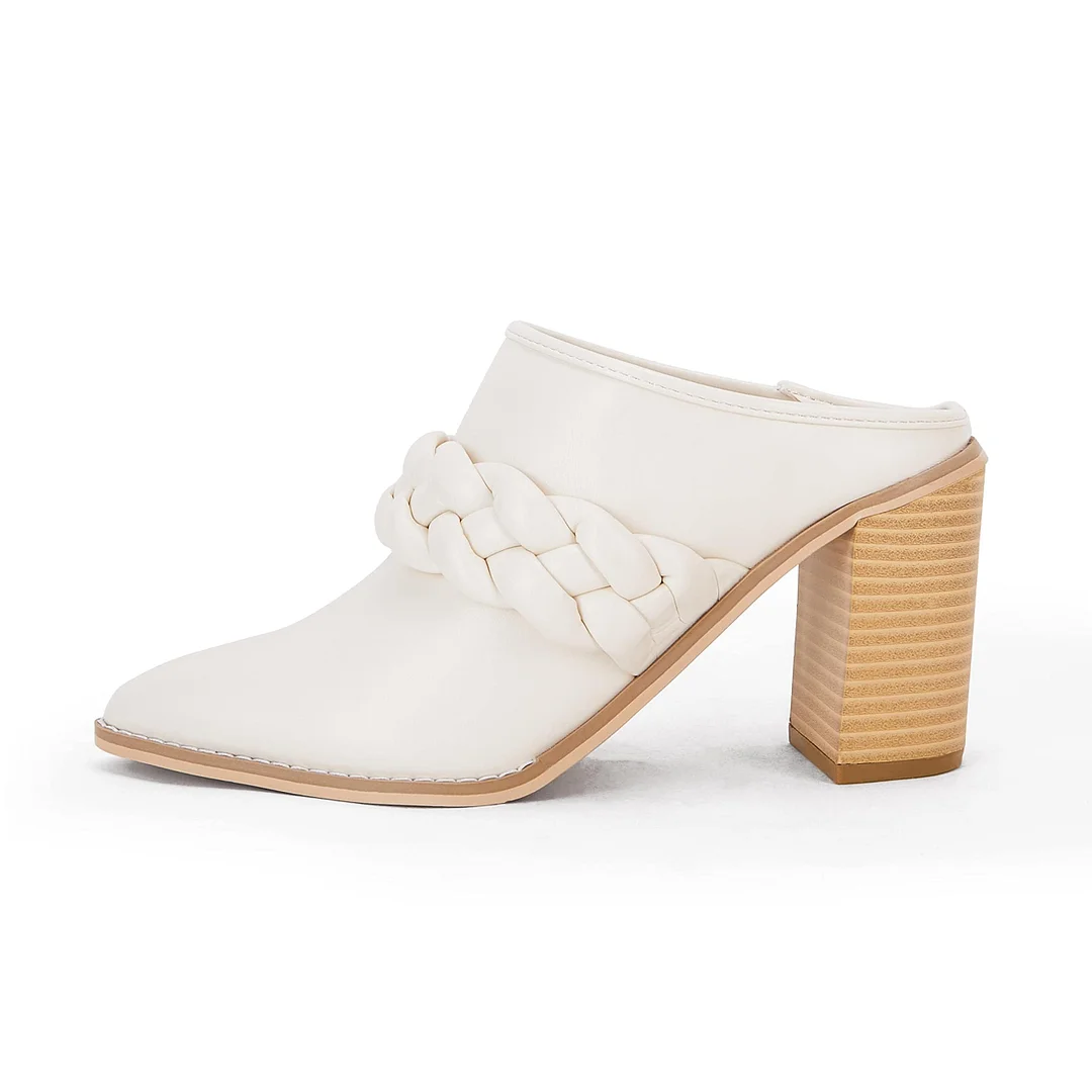 YDN White Vegan Leather Pointed Toe Braid Chunky Heeled Mules