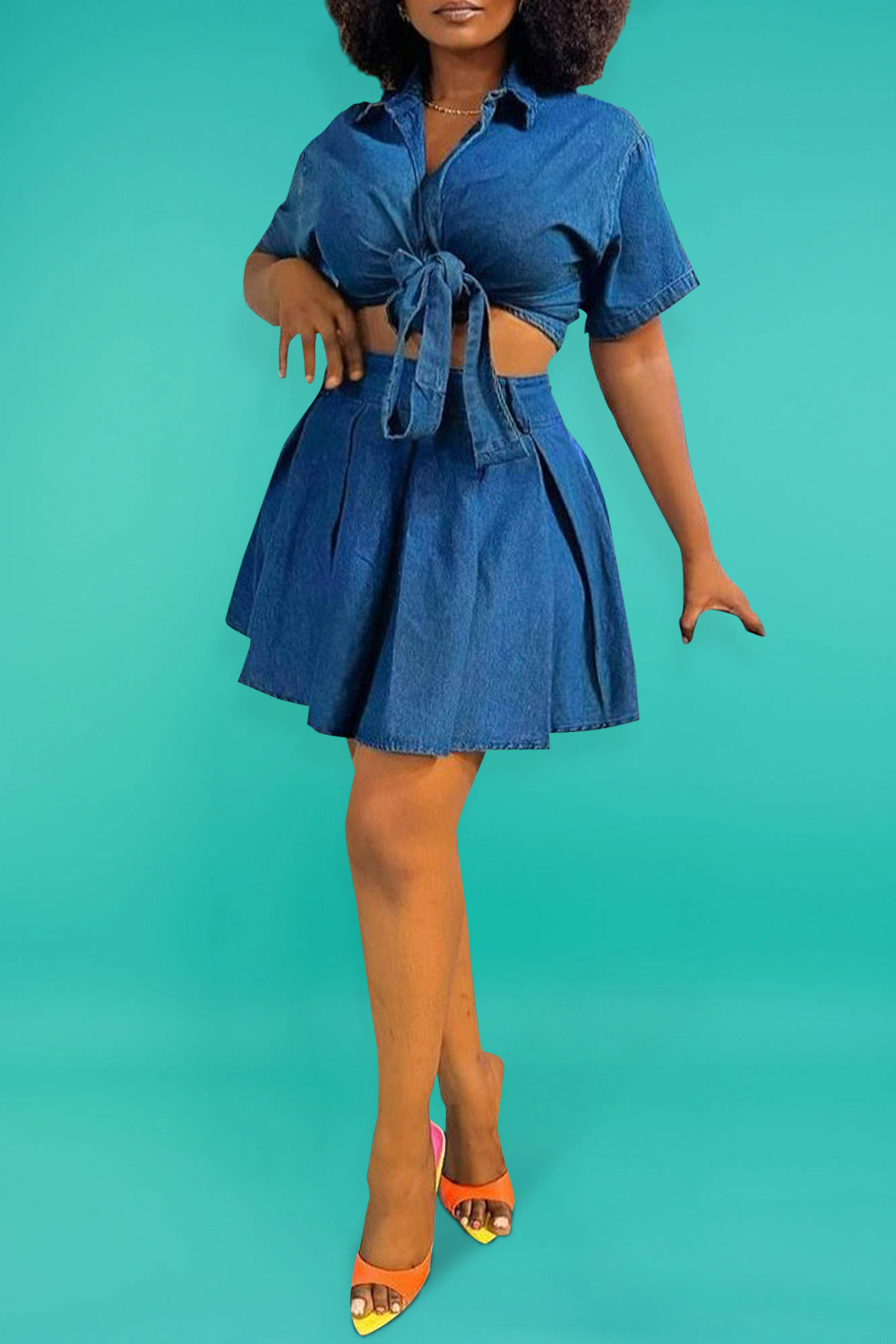 Plus Size Daily Blue Spring Summer Shirt Collar Short Sleeve Pocket Denim Two Piece Skirt Sets [Pre-Order]