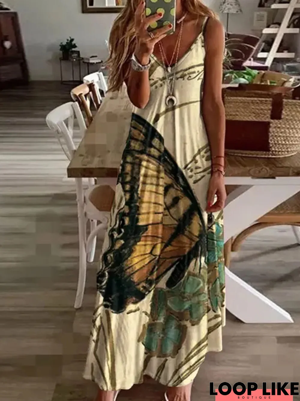 Women's Holiday Weekend Casual Butterfly Printed V neck Sleeveless Casual Maxi Dress