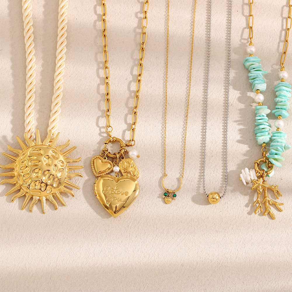 Small Exaggerated Design Stainless Steel 18K Gold Plated Coral Heart Seashell Ring Pendant Necklace