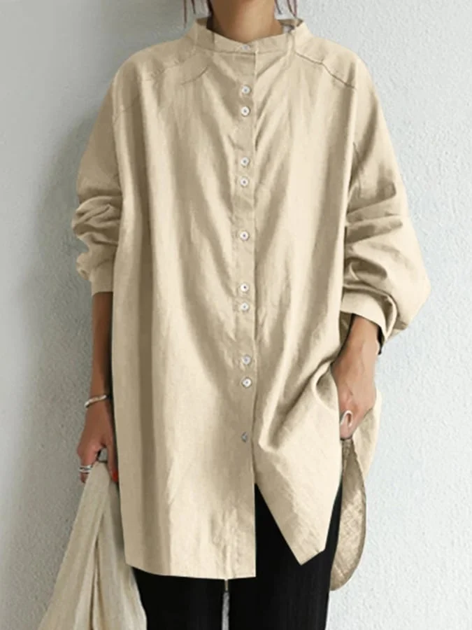 Women's Cotton Linen Stand Collar Loose Long Shirt