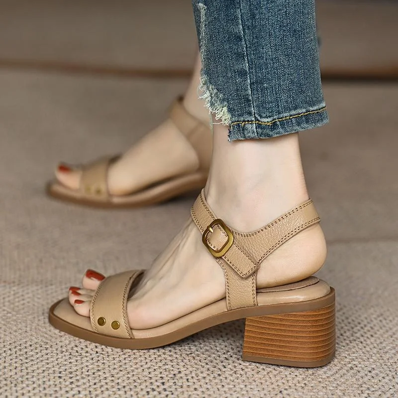 Breakj Breakj Thick Heel Sandals Female Summer 2024 New Foreign Style Open Toe Non-Slip Soft Bottom One Word Buckle Mom Shoes
