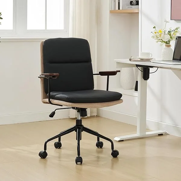 Mid Century Modern Office Chair, Modern Leather Desk Chair with Wooden Armrests & Lumbar Support, Mid-Back Conference Room Chairs with Wheels, Adjustable Swivel Rolling Chair for Home Office. Brown