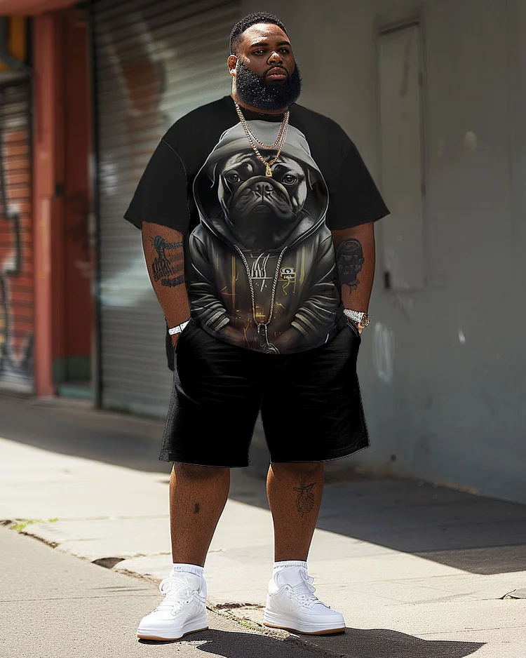 Men's Plus Size Casual Pug Print T-Shirt Shorts Suit