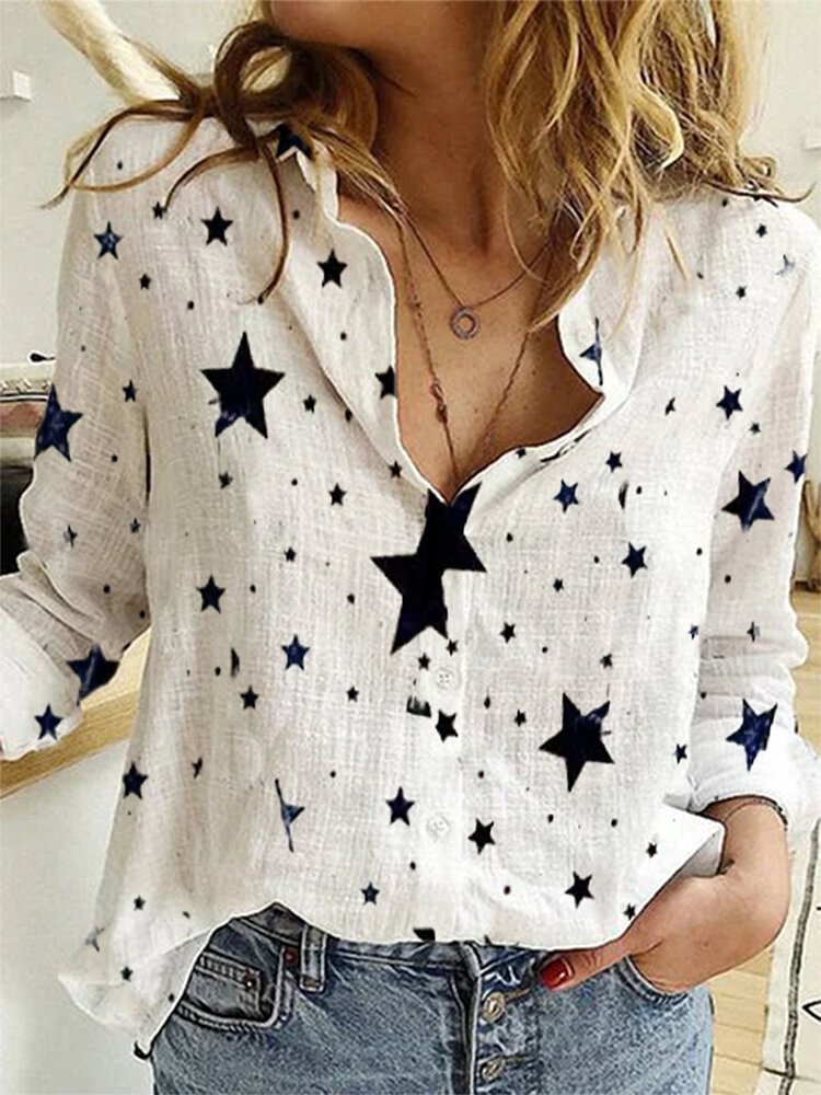 Stars Print Long Sleeve Lapel Casual Shirt For Women P1681313