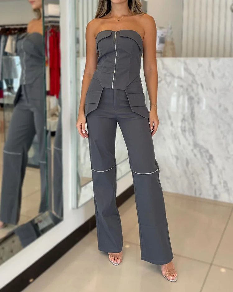 Zipper Tube Top Top and Pants Two-piece Suit