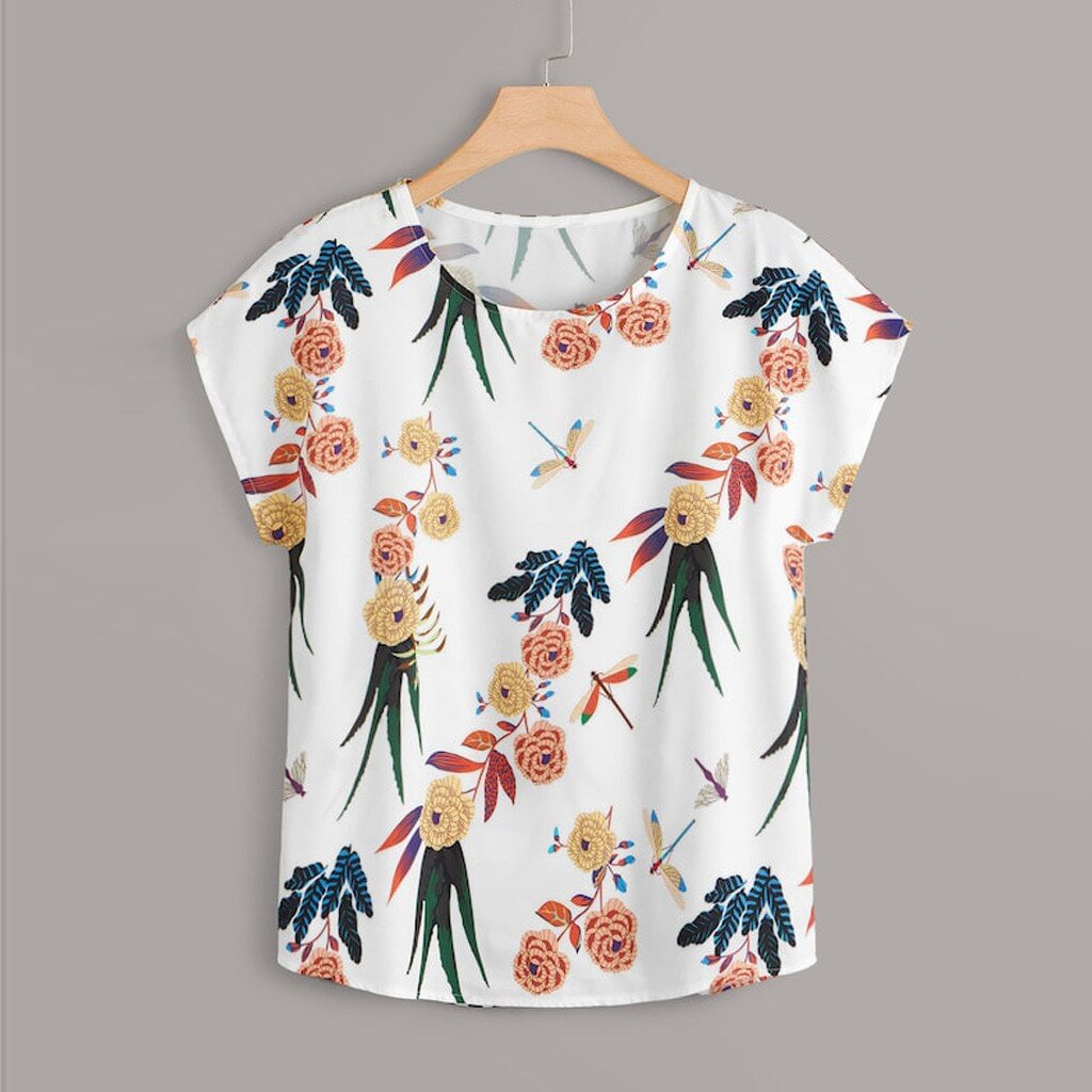 Plus Size Summer Fashion Floral Print Blouse Casual Sexy O-Neck Loose Tee Tops Female Women's Short Sleeve Shirt Blusas Pullover