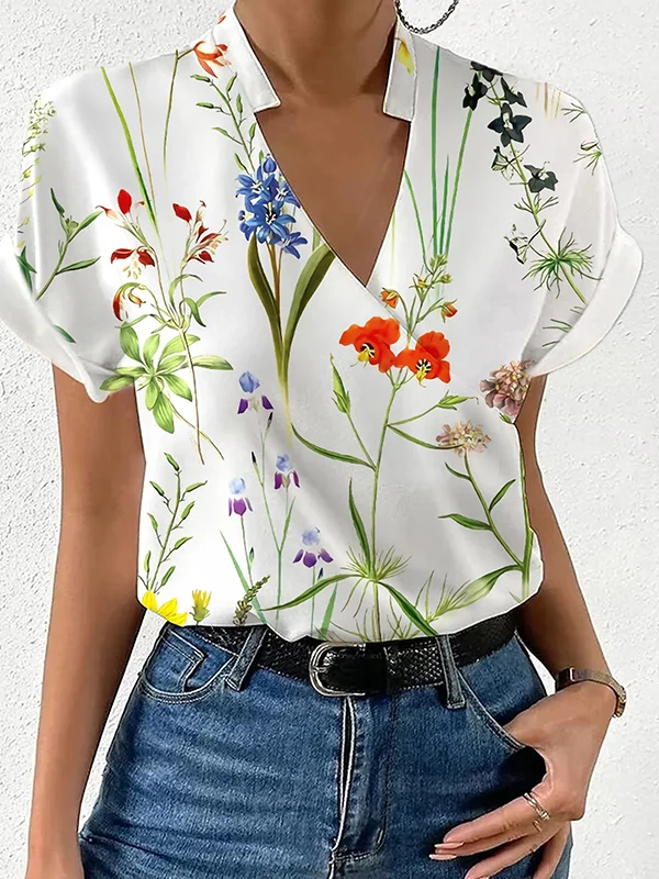 Loose Short Sleeves Floral Printed Split-Joint Stand Collar Blouses&Shirts Tops