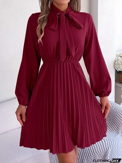 Tie Neck Balloon Sleeve Pleated Dress