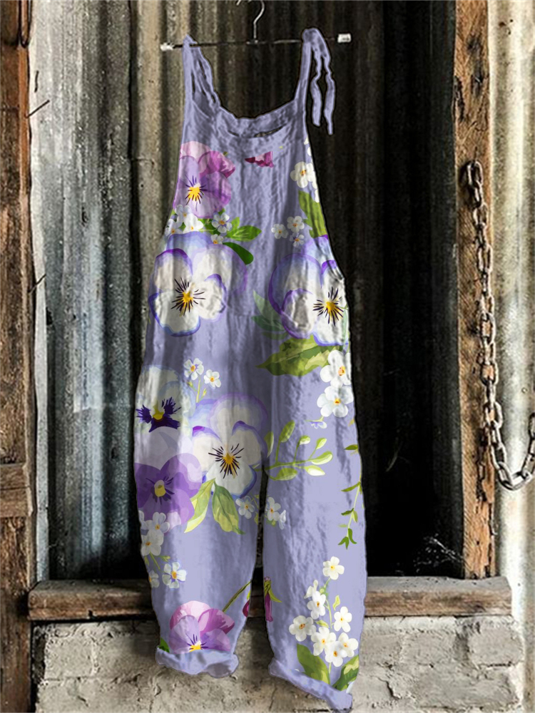 Comstylish Pansy Floral Art Loose Fit Jumpsuit