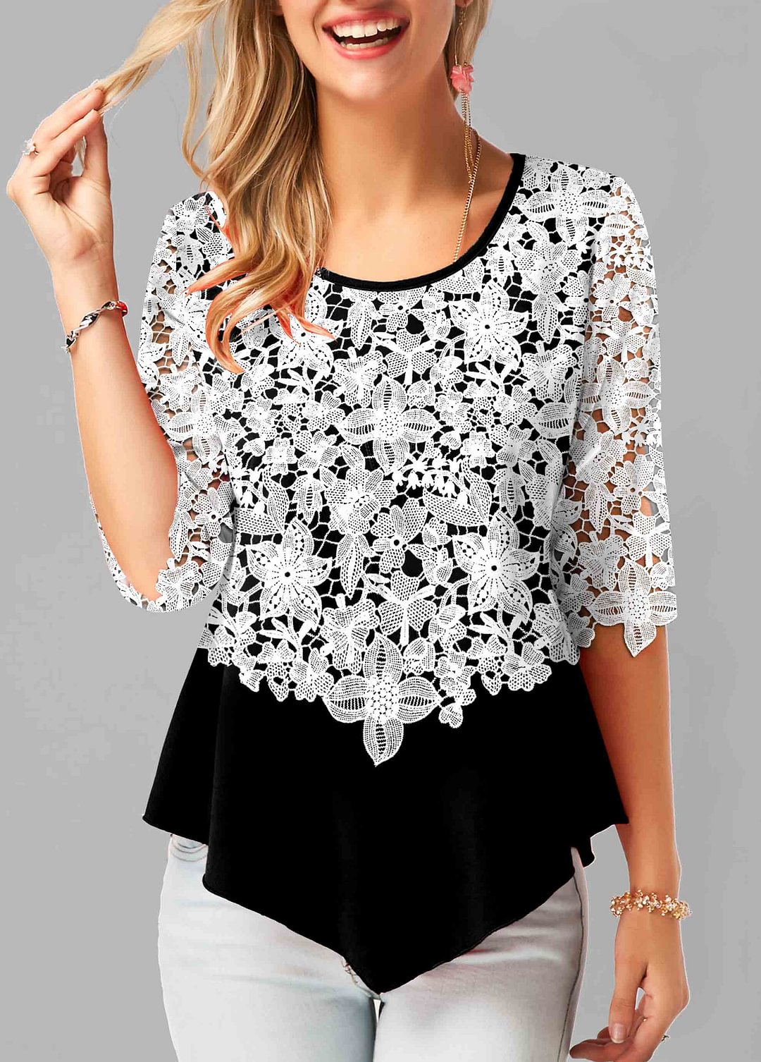 Black Lace Patchwork Asymmetric Hem 3/4 Sleeve Blouse