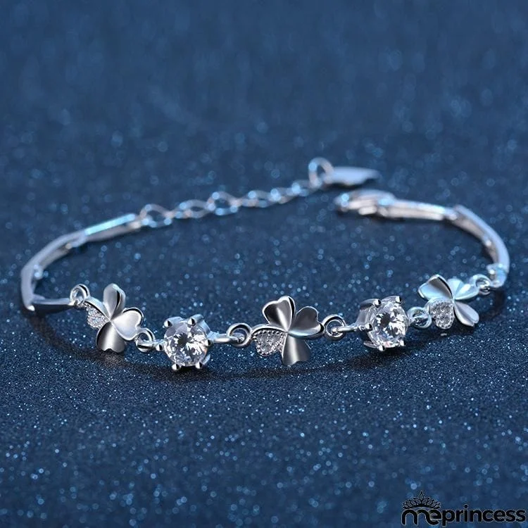 Real 925 Silver Crystal Lucky Clover Bracelet