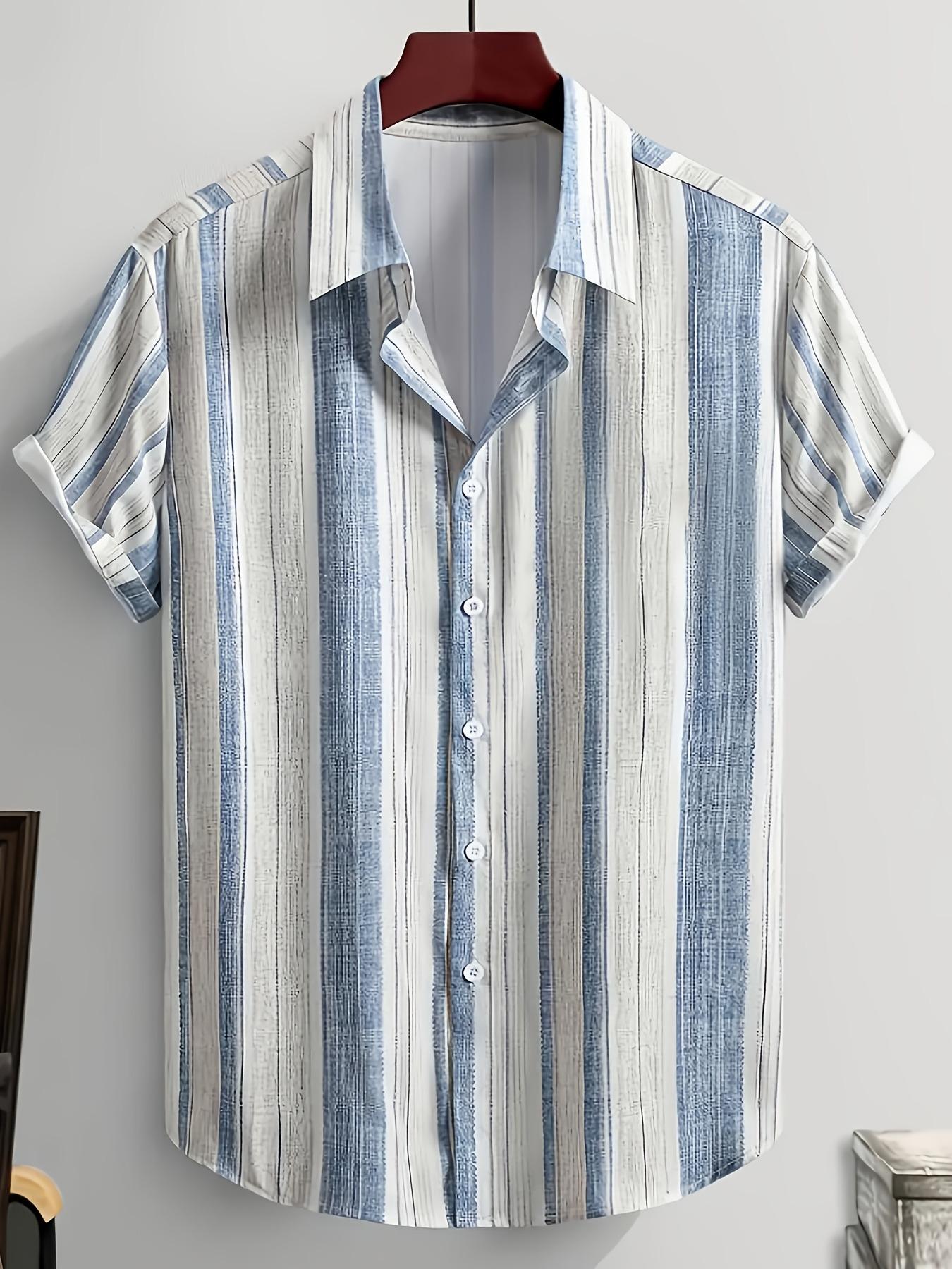 Men's slim short-sleeved collared shirt - Beige brown horizontal striped button collar for summer beach getaways, office wear, Casual Business Style, Casual everyday wear, anti-wrinkle, machine washable, Casual Party Shirt