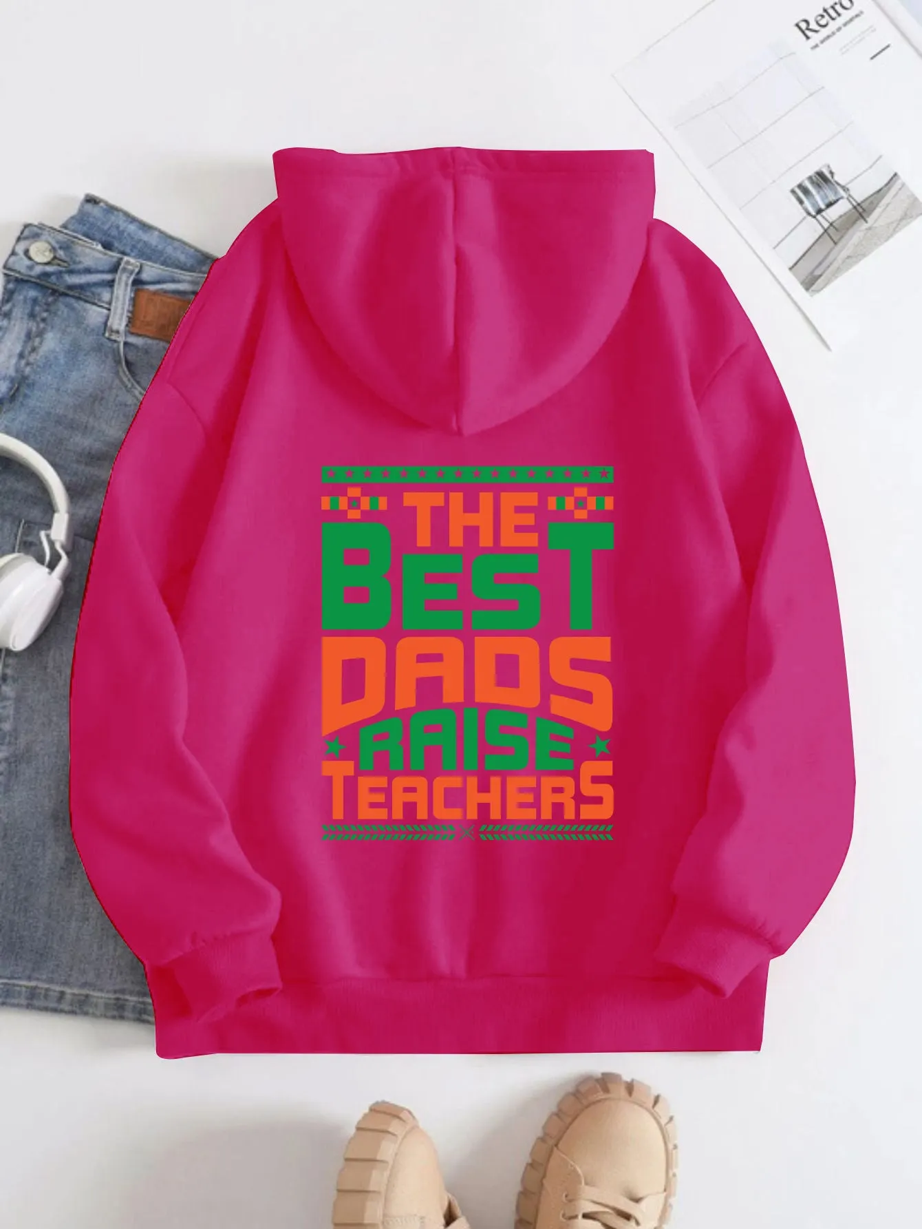 Printed Back Kangaroo Pocket Hoodie Long Sleeve for Women Pattern Best Darios Raise
