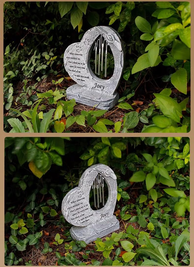 Honor the memory of your beloved companion with our Heart-Shaped Custom Pet Memorial Wind Chime. Crafted from durable resin, this personalized garden decor features a classic heart design that brings a soothing melody to your outdoor space. Personalize it with your pet&lsquo;s name and a special message to create a unique keepsake. Perfect as a dog memorial gift or cat memorial gift, it serves as a comforting tribute for those missing a faithful friend. Whether placed in a garden or by a favorite resting spot, this custom wind chime is a beautiful way to remember the love you shared.