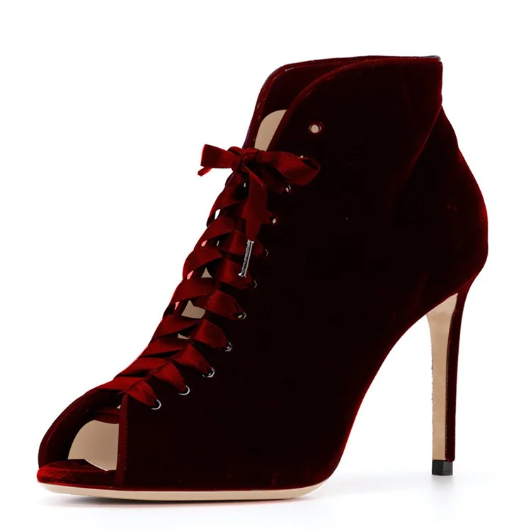 Burgundy Ankle Boots Velvet Lace Up Stiletto Heel Peep Toe Booties |FSJ Shoes
