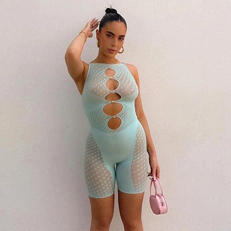 Weird Puss Diamond Button Women Sexy Romper Sleeveless Mesh Patchwork Playsuits Hollow Out Fitness Activewear Workout Outfits