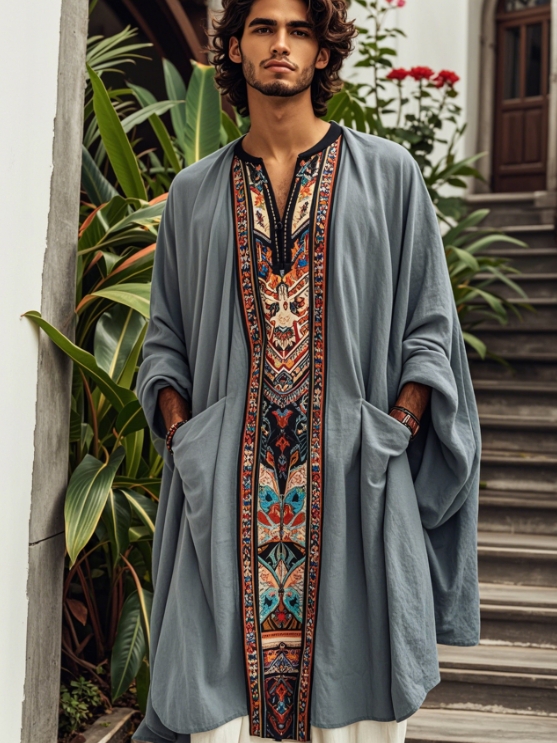 Ethnic Printed V-neck Men Kaftan Long Caftan