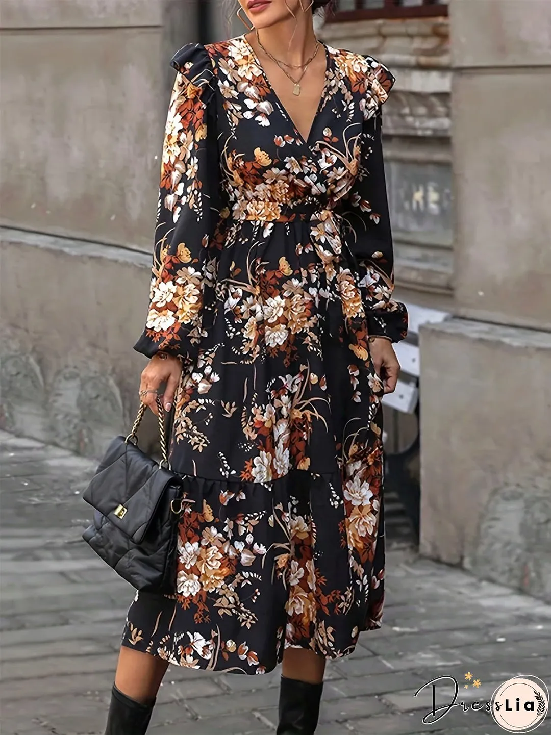 Ruffled Printed Surplice Long Sleeve Midi Dress