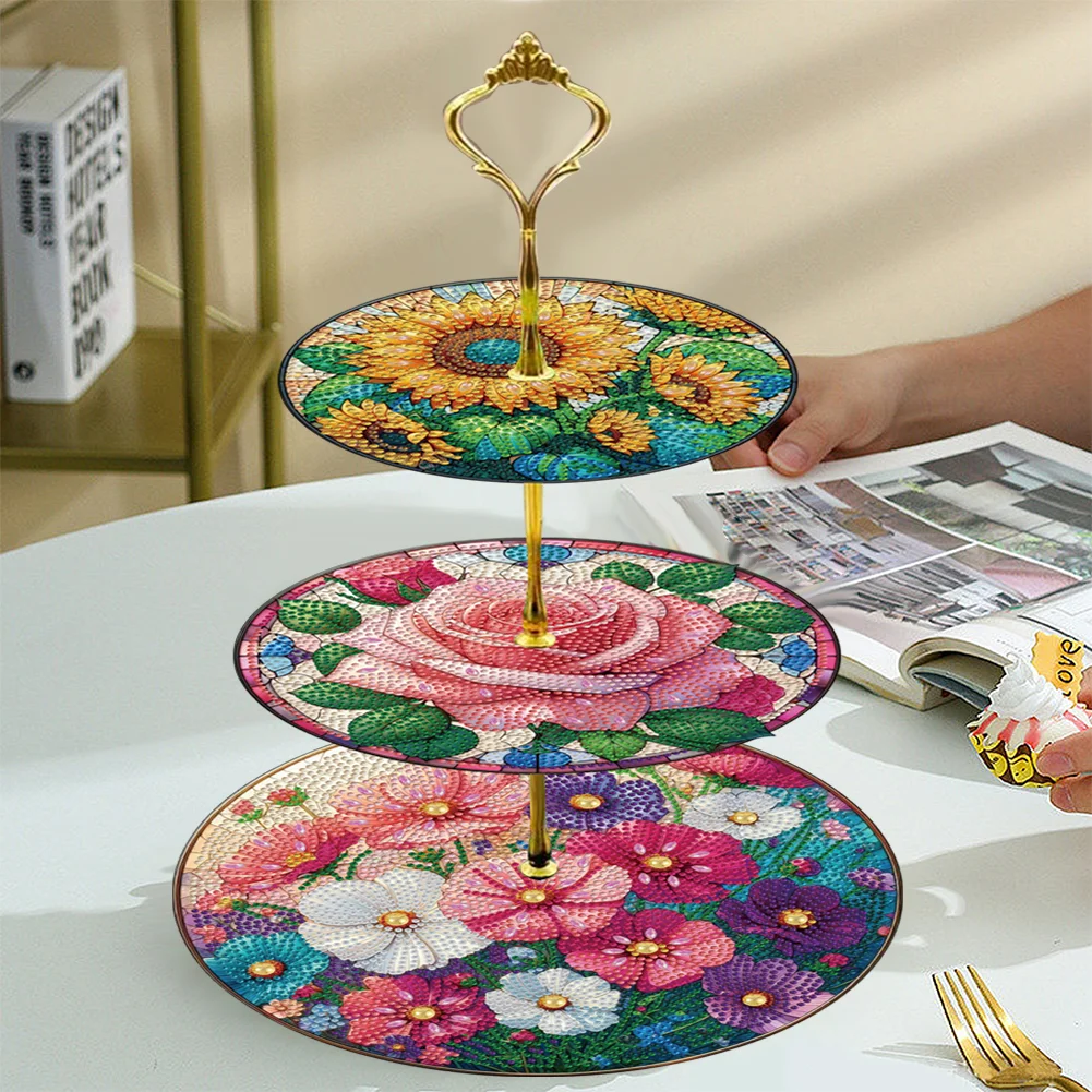 3 Tier Flower Round Diamond Painting Tray Food Plate for Adults Beginners