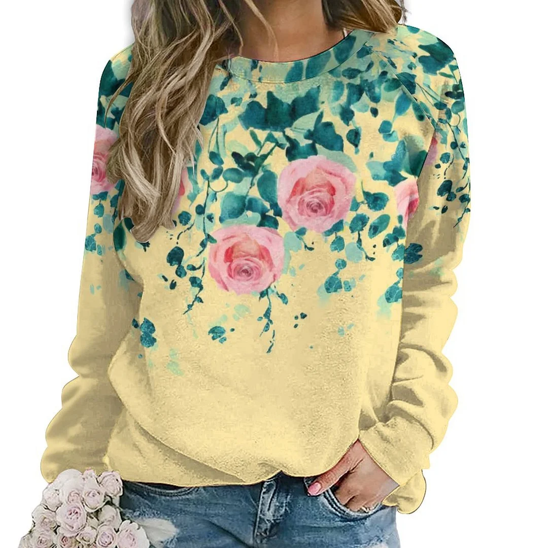 Printed Long Sleeve Casual Sweatshirt for  Women and Men Unisex Pattern Yellow, Floral