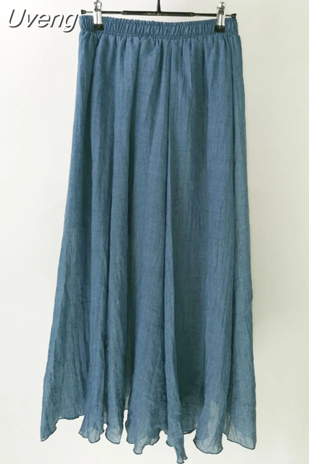 Uveng Women's Elegant 16 Color High Waist Elastic Waist Linen Pleated Long Skirts Ladies Slim Casual Skirt Saias New 2023 Summer SK05