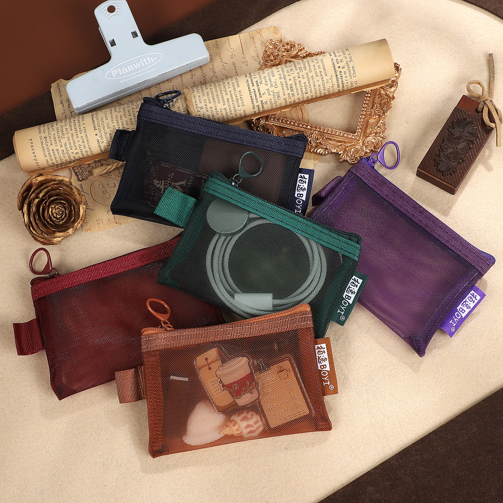 보관 가방 - 5개 세트 빈티지 컬러풀 투명 메쉬 나일론