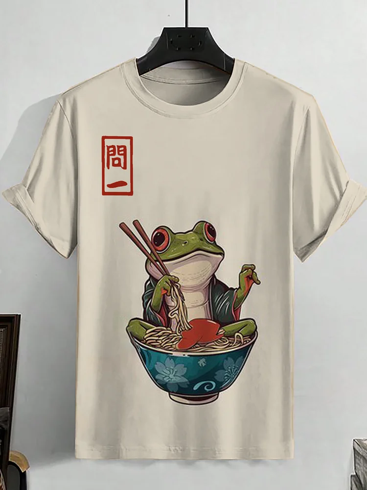 Men's Japanese Kimono Frog Eating Noodle Print T-Shirt