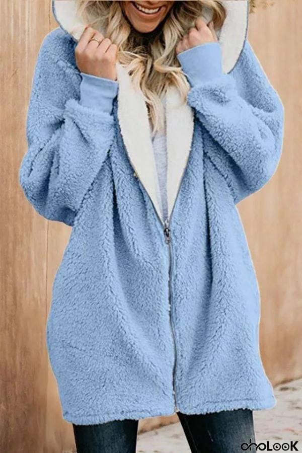 Fluffy Solid Color Hooded Coat