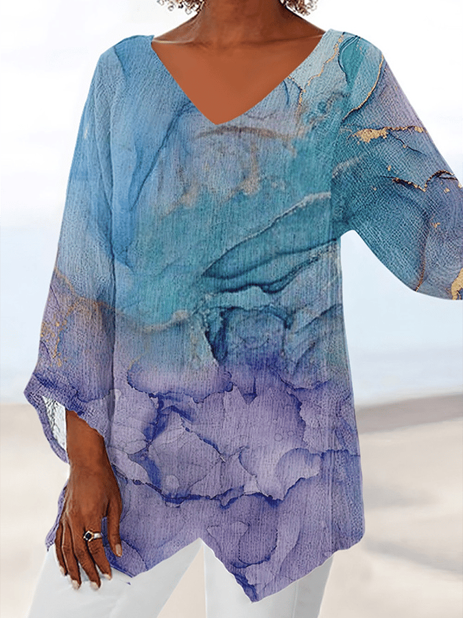 Women's V-Neck Long-Sleeved Gradient Oil Painting Casual Top