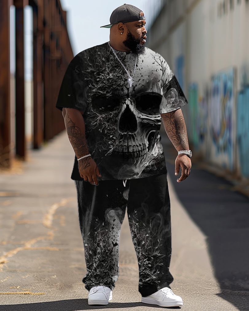 Fashion Mist Gradient Skull Print Men's Large T-Shirt Trousers Suit
