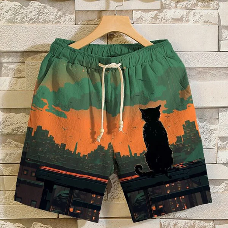 Men's Sunset Landscape Cat Back View Art Print Linen Blend Casual Shorts