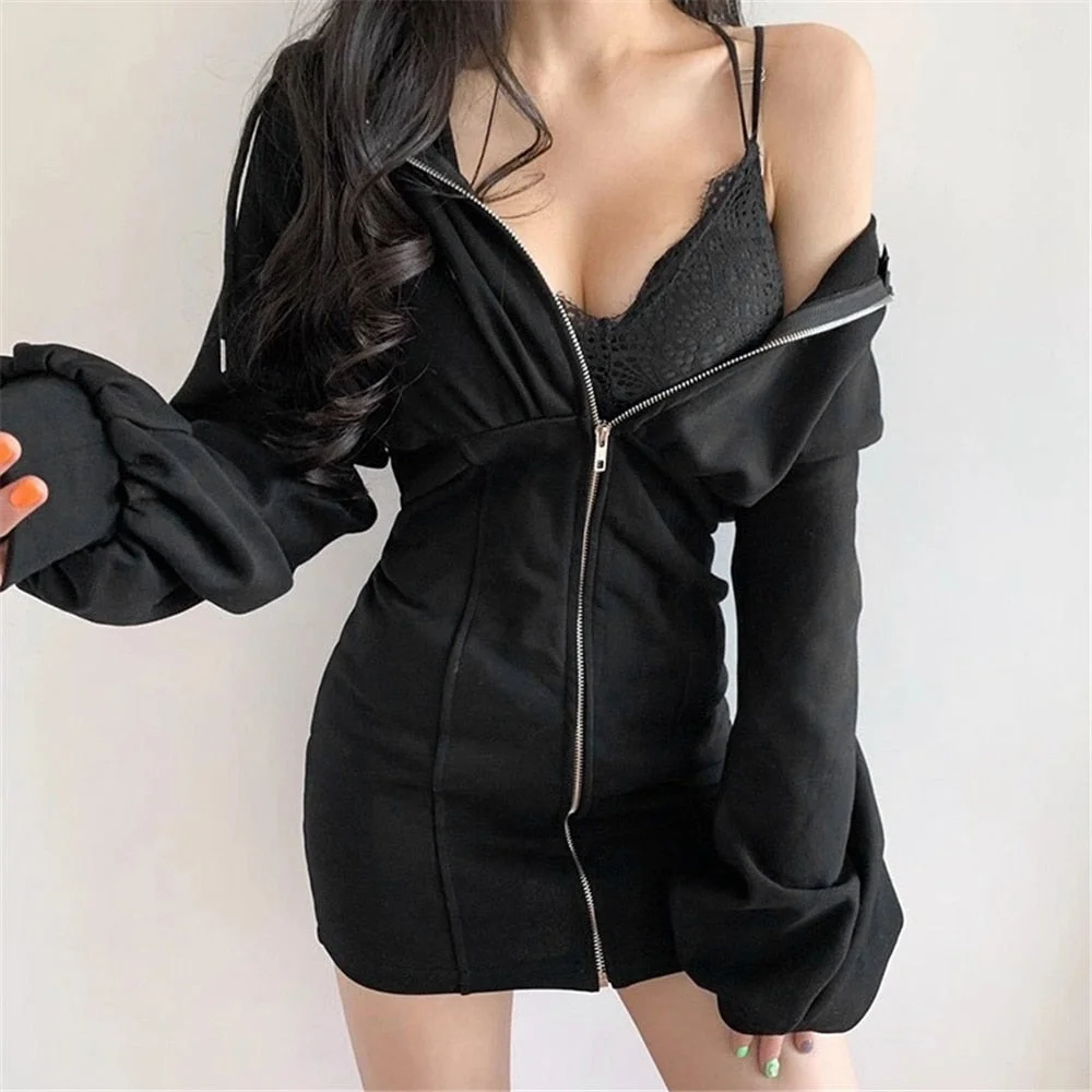 Women Fashion Casual Autumn Winter Warm High Waist Long Sleeve V Neck Girl Tummy Control Hooded Side Pockets Front Zipper Dress