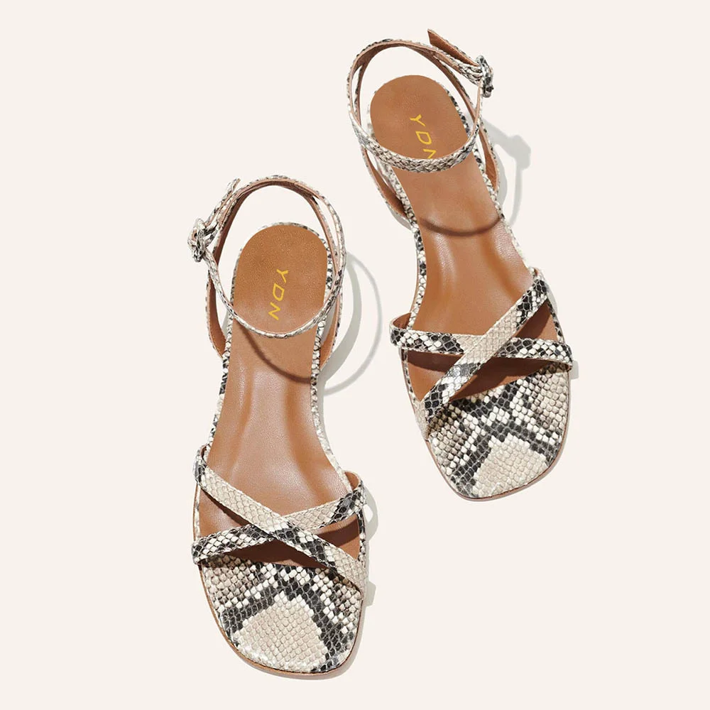 Beige & Grey Python Print Open Toe Ankle Strap Flat Women's Sandals