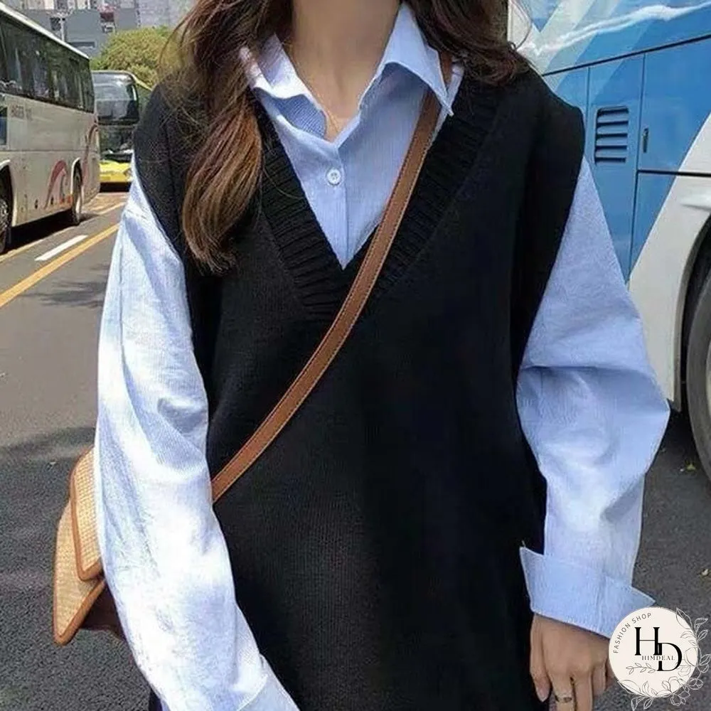 Sweater Vest Women Solid V-Neck Loose Plus Size 3XL Simple Classic Elegant Office Ladies
