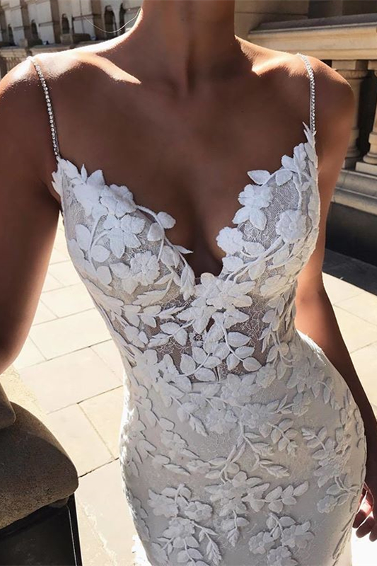 Oknass Backless Spaghetti-Straps Lace Appliques Long Mermaid Wedding Dress