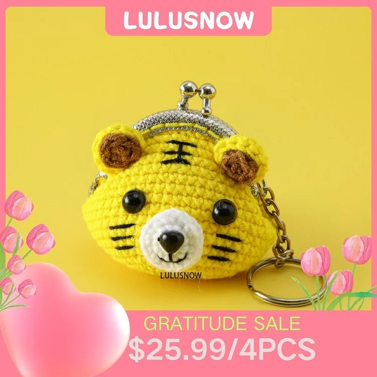Lulusnow Handmade Yellow Cute Tiger Crochet Coin Purse Keychain Bag Pendant Gift for Her/Friend/Kids