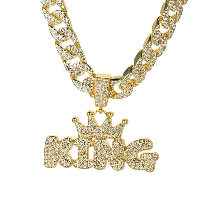 Style Crown Letters King Full Diamond Pendant Thickened Cuban Link Chain Trendy Men Hip Hop Sold Jewelry3