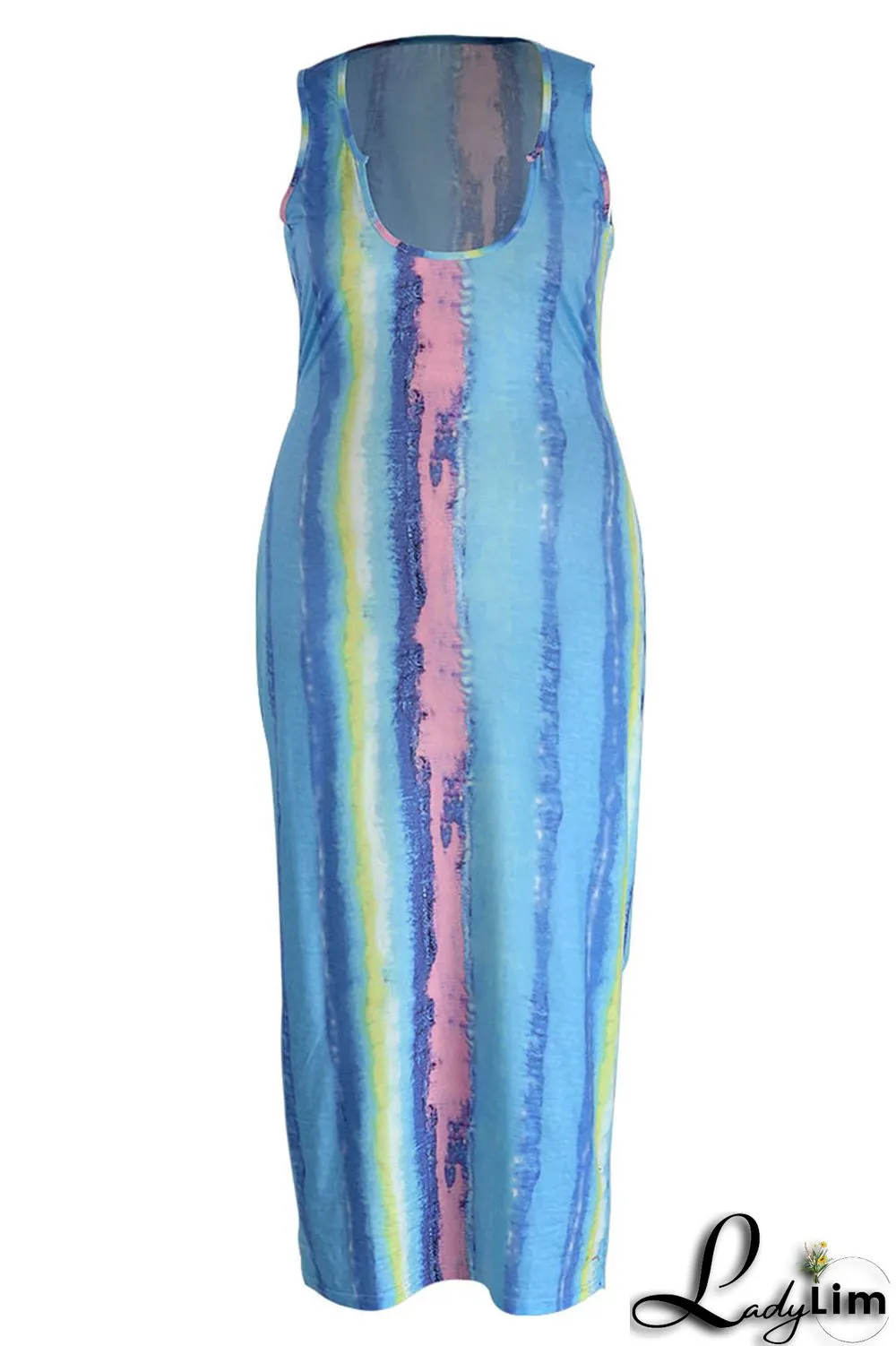 Blue Fashion Casual Plus Size Print Basic U Neck Vest Dress