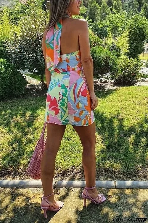 Print Halter Neck Backless Mini Dress