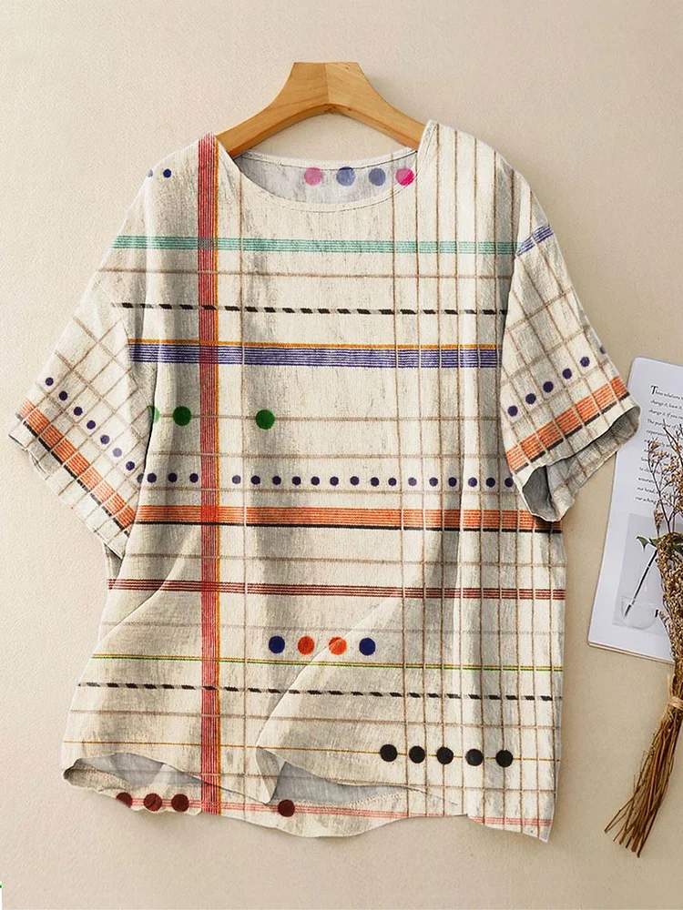Women's Retro Abstract Stripes Geometric Art Print Casual Linen Crew Neck Shirt