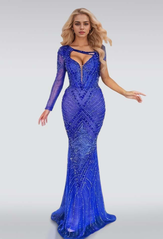  Luxurious Blue One Sleeve Prom Dress Mermaid Dress with Beads - ohprom